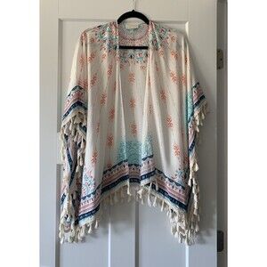 Bobbie Brooks Shawl Open Front Fringe Boho Kimono Multicolor Cover Up One Size